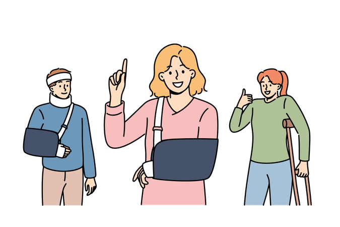 Injured people received treatment at clinic show approving gestures confirming quality of healthcare  イラスト