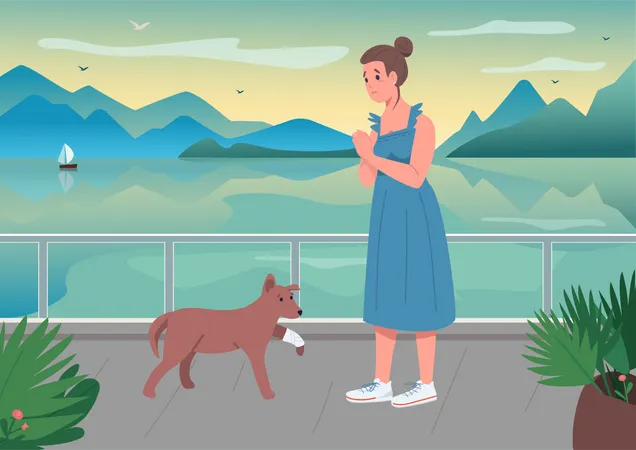 Injured Pet With Owner Flat Color Vector Illustration Puppy With Bandaged Leg Worried Girl With Domestic Animal On Seascape Woman With Dog 2 D Cartoon Characters With Landscape On Background Illustration