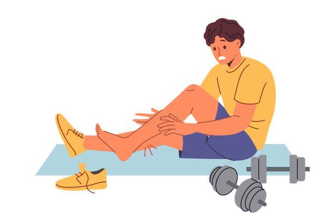 Injured sportsman sits on mat for sports near dumbbells after stretching muscles on legs  Illustration