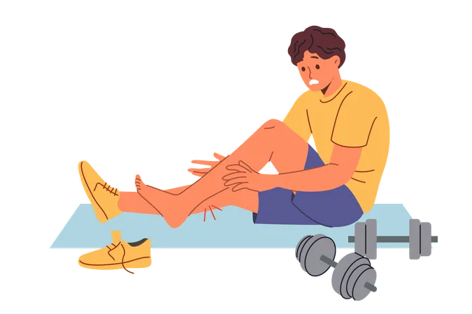 Injured Sportsman Sits On Mat For Sports And Gymnastics Near Dumbbells After Stretching Muscles On Legs Injured Athlete Experiences Pain And Agony After Careless Use Of Sports Equipment Illustration