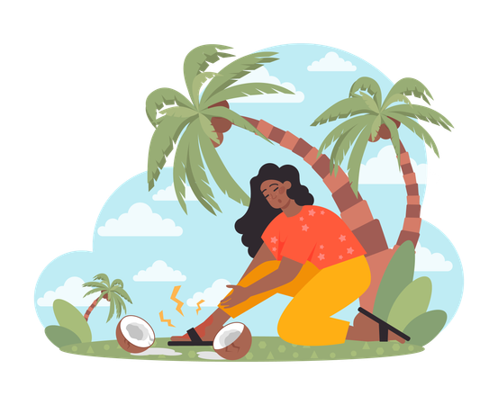 Injured woman, girl suffers from wounded leg. Bad vacation experience  Illustration