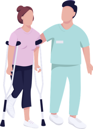 Injured woman on crutches and doctor Illustration