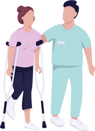 Injured woman on crutches and doctor  Illustration