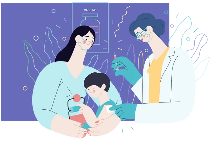 Inmunizacion Infantil Vacunacion Seguro Medico Concepto Moderno De Vector Plano Plantilla Web Pediatra Vacunando A Un Nino Sentado Sobre Las Rodillas De Su Madre Consultorio Medico O Laboratorio Ilustración