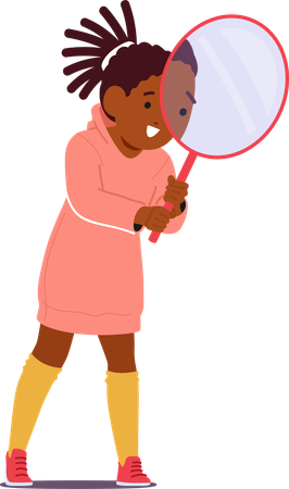 Innocent Curious Girl Character Look Through Magnifying Glass  Illustration