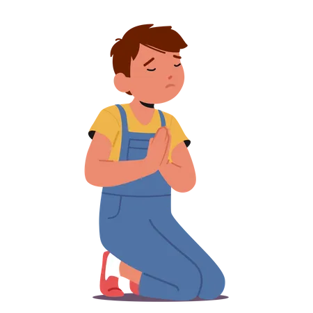 Innocent Image Of A Young Boy With Closed Eyes And Clasped Hands, Deep In Prayer  Illustration