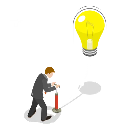 Investir Dans Un Concept Vectoriel Isometrique Plat Didee Un Entrepreneur Allume Une Grosse Ampoule Illustration