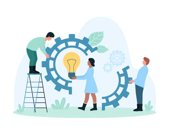 Innovation Process Cooperation And Construction Of Digital Projects Vector Illustration Cartoon Tiny People Holding Light Bulb And Part Of Cogwheel To Connect And Put Inside Gear Work With Cogs Illustration