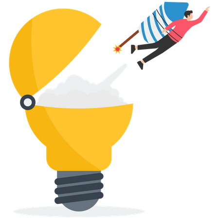 Innovation to launch new ideas, entrepreneurship or startup, creativity to begin business or breakthrough idea concept, innovative rocket launch flying high from opening bright lightbulb idea  Illustration