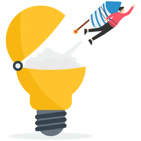 Innovation to launch new ideas, entrepreneurship or startup, creativity to begin business or breakthrough idea concept, innovative rocket launch flying high from opening bright lightbulb idea  Illustration