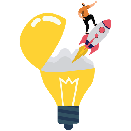 Innovation to launch new ideas, entrepreneurship or startup, creativity to begin business or breakthrough idea concept, innovative rocket launch flying high from opening bright lightbulb idea Illustration
