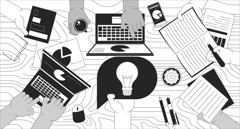 Business Idea Black And White 2 D Illustration Concept Brainstorm Meeting Colleagues Team Working In Office 2 D Character Monochrome Background Entrepreneur Insights Metaphor Monochrome Vector Art Illustration