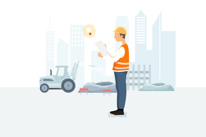 Innovative contractor studying building plan  Illustration