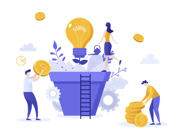 Landing Page With Group Of People Managers Or Investors Cultivating Light Bulb Growing In Giant Pot Invest In Best Ideas Innovative Investment And Financial Profit Modern Flat Vector Illustration Illustration