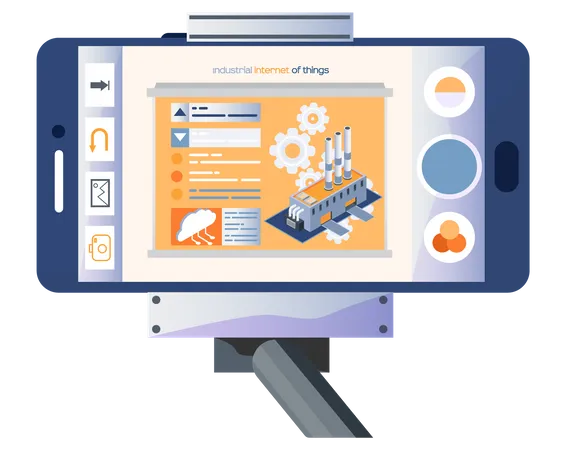 Innovative Production Building On Phone Screen Industrial Internet Of Things Industry Automation Factory With Manufacturing Equipment Using Digital Devices And Technologies Technical Application Illustration