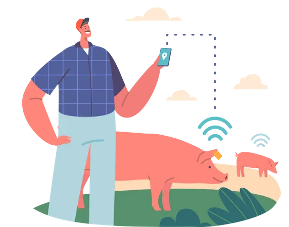 Conceito De Inovacoes Agricolas Personagem Masculino Agricultor Rastreia Porcos Na Pecuaria Usando Tecnologia GPS Garantindo Padroes De Pastoreio Eficientes E Gerenciamento Eficaz Do Rebanho Ilustra O Vetorial De Pessoas Dos Desenhos Animados Ilustração