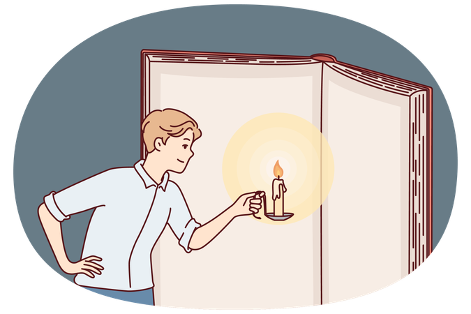 Inquisitive man with candle illuminates pages giant book in effort to gain knowledge  Illustration