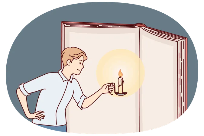 Inquisitive man with candle illuminates pages giant book in effort to gain knowledge  Illustration
