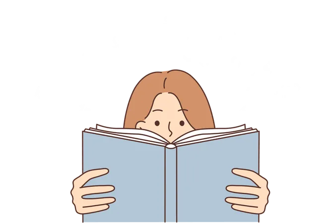 Inquisitive Woman Reads Book Wanting To Gain New Knowledge From Educational Literature Or Classic Fiction Stories Girl Bookworm Holding Book Near Face Doing Self Education And Reading Poetry Illustration