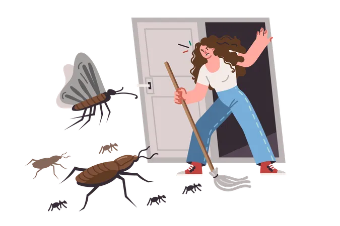 Insectos y plagas atacan a una mujer que intenta entrar al apartamento después de una limpieza o desinfección minuciosa  Ilustración