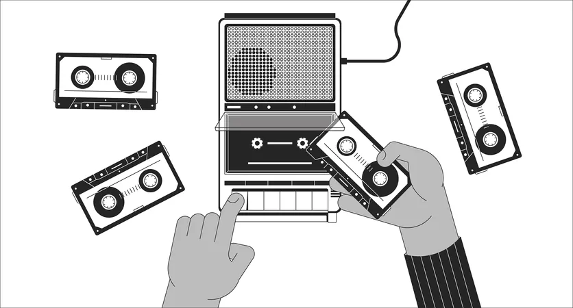 Inserting cassette tape into player  イラスト