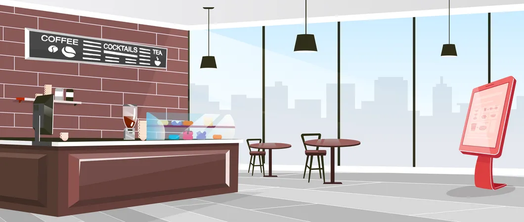Inside Cafeteria Flat Color Vector Illustration Industrial Coffee Shop Indoors Restaurant With Furniture And Self Service Kiosk Cafe 2 D Cartoon Interior With Window On Background Illustration