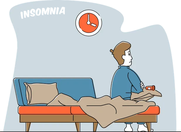 Insomnia Disorder Problem Concept Character Addiction Of Sleeping Pills Young Man Character Can Not Sleep Sitting On Bed With Coffee Cup At Night Time Health Disease Linear Vector Illustration Illustration
