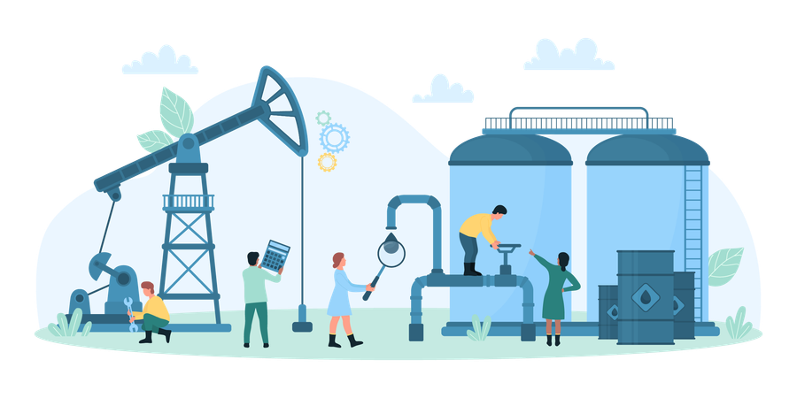 Inspección de seguridad de equipos de la industria petrolera por parte de los trabajadores verifican las instalaciones de la fábrica  Ilustración