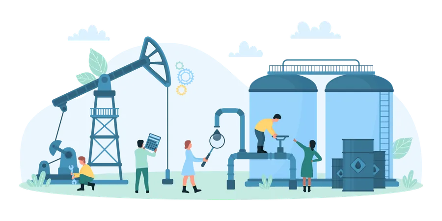 Inspección de seguridad de equipos de la industria petrolera por parte de los trabajadores verifican las instalaciones de la fábrica  Ilustración