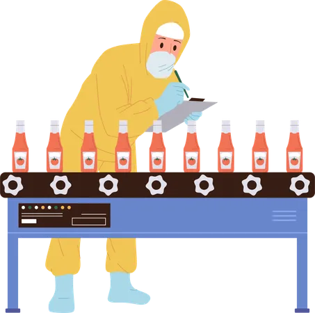 Bottling Of Tomato Sauce At Conveyor Belt Industrial Plant Line Isolated On White Background Worker Cartoon Character Wearing Protective Uniform Controlling Factory Process Vector Illustration イラスト