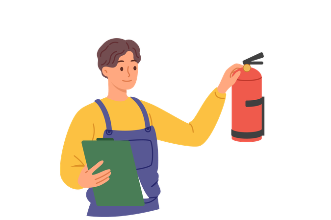 Inspector checks fire extinguisher on wall taking care of functionality of anti flame equipment  Illustration