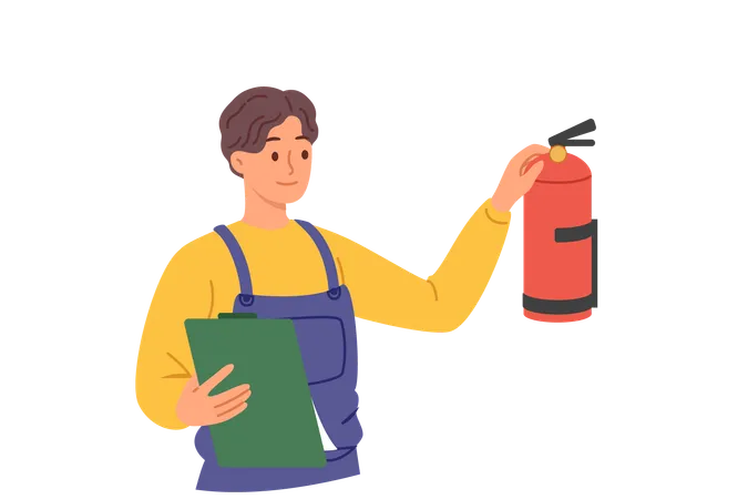 Inspector checks fire extinguisher on wall taking care of functionality of anti flame equipment  Illustration