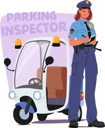 Inspectora de estacionamiento escribiendo una multa mientras está de pie junto a un pequeño scooter de seguridad  Ilustración