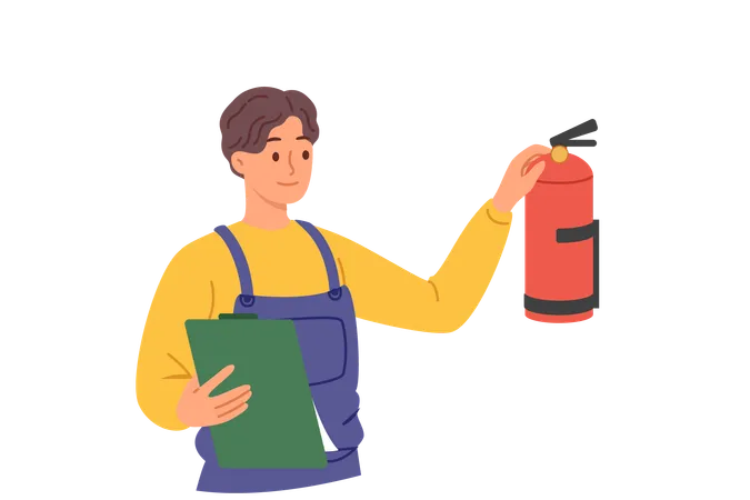 Inspetor verifica extintor de incêndio na parede cuidando da funcionalidade do equipamento anti-chama  Ilustração