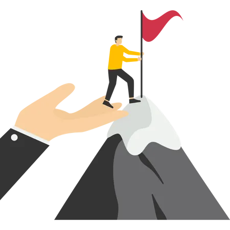 Concept Of Inspiration Or Profit To Achieve Goals Coaching Or Mentor Supporting Employees To Achieve Business Targets Businessman Standing On Giant Helping Hand To Reach Mountain Top Target Flag Illustration