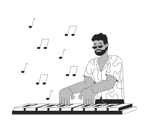 흑인과 백인 2 D 라인 만화 캐릭터를 연주하는 영감을 받은 아프리카계 미국인 남자 재능 있는 흑인 음악가 격리 벡터 개요 사람입니다 창의적인 취미 단색 플랫 스팟 그림 일러스트레이션