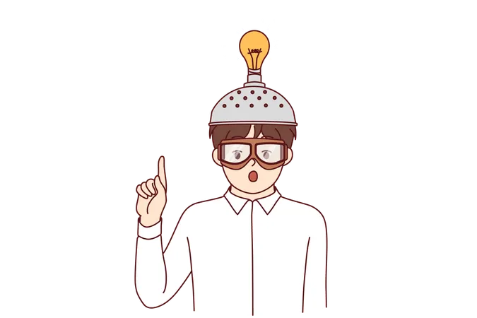 Inspired boy invented new idea and shows finger up standing with funny helmet with light bulb  Illustration