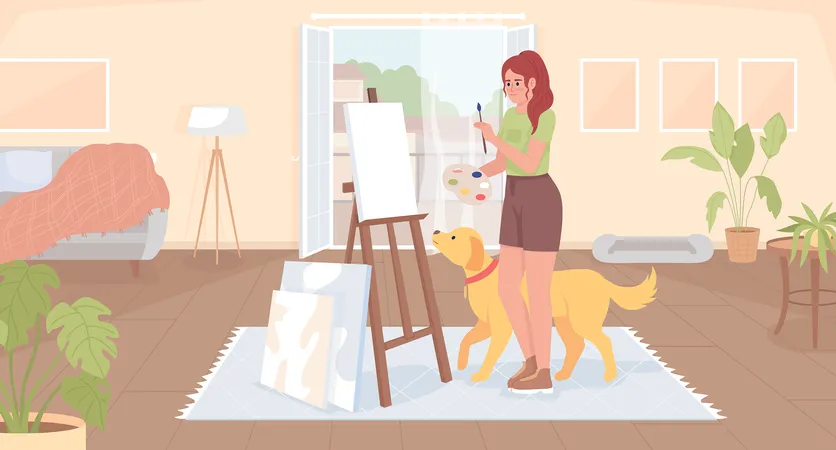 Making Art At Home Flat Color Vector Illustration Inspired Girl With Golden Retriever Painting On Easel Fully Editable 2 D Simple Cartoon Character With Balcony And Living Room Interior On Background 일러스트레이션