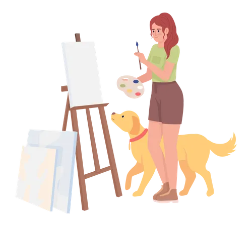 Inspired Girl With Golden Retriever Painting On Easel Semi Flat Color Vector Character Editable Full Body Person On White Simple Cartoon Style Illustration For Web Graphic Design And Animation Illustration