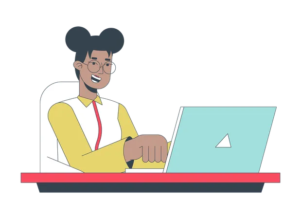 Inspired Happy Female Employee Typing Laptop 2 D Linear Cartoon Character Black Woman Office Worker Isolated Line Vector Person White Background Gen Z Freelancer Girl Color Flat Spot Illustration Illustration