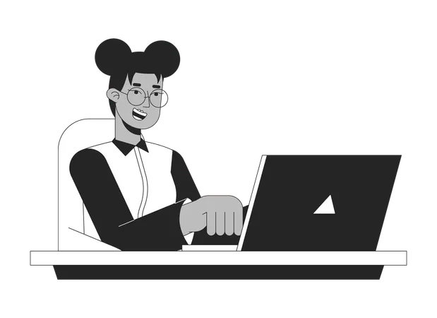 Inspired Happy Female Employee Typing Laptop Black And White 2 D Line Cartoon Character Black Woman Office Worker Isolated Vector Outline Person Gen Z Freelancer Monochromatic Flat Spot Illustration Illustration