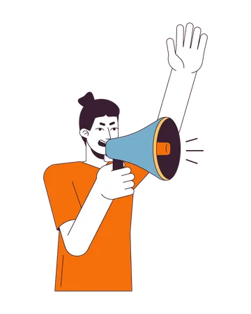 Inspired Man With Megaphone Flat Line Color Vector Character Shouting Speech Demonstration Editable Outline Full Body Person On White Simple Cartoon Spot Illustration For Web Graphic Design Illustration