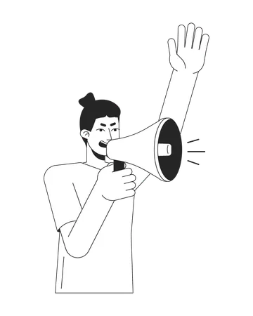 Inspired Man With Megaphone Flat Line Black White Vector Character Shouting Speech Demonstration Editable Outline Full Body Person Simple Cartoon Isolated Spot Illustration For Web Graphic Design Illustration