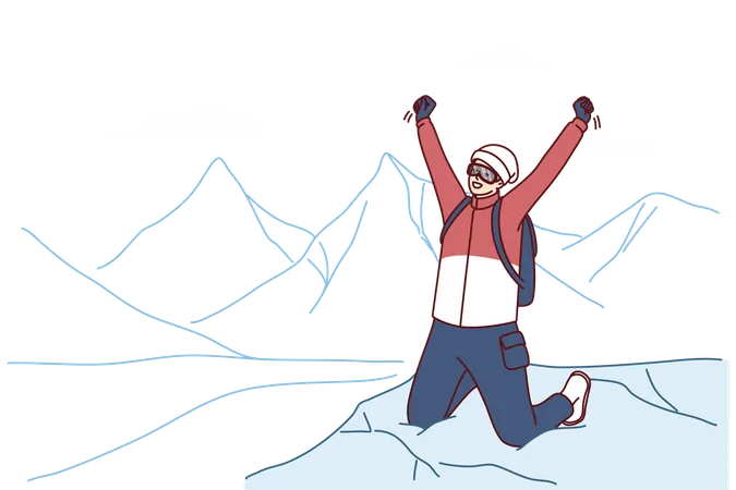 Inspired traveler man stands on mountain top rejoicing at successful climbing Everest peak  Illustration