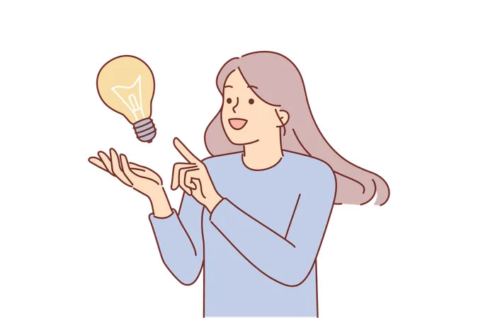 Inspired Woman Comes Up With Idea To Save Energy Resources And Provide Bright Lighting Stands Near Giant Lamp Girl Says Eureka After Learning About New Promising Idea For Self Development Illustration