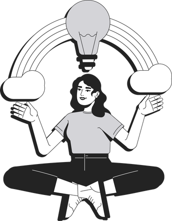 Inspired woman under rainbow with lightbulb  Illustration