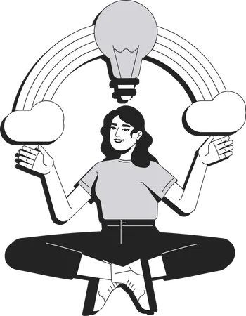 Inspired woman under rainbow with lightbulb  Illustration