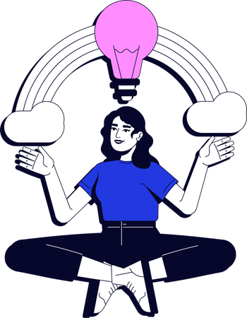 Inspired woman under rainbow with lightbulb  Illustration