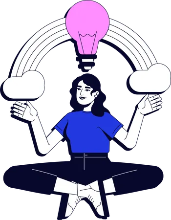Inspired woman under rainbow with lightbulb  Illustration