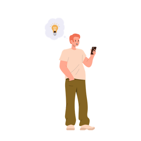 Inspired Young Man Holding Mobile Phone Looking At Screen And Having Brilliant Idea For Startup  イラスト